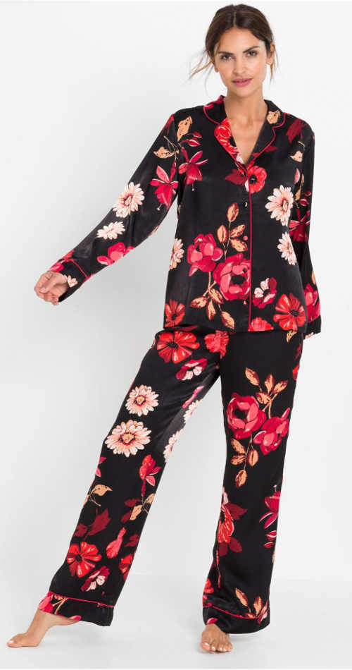 Saténové kabátkové dámské pyžamo s květinovým potiskem