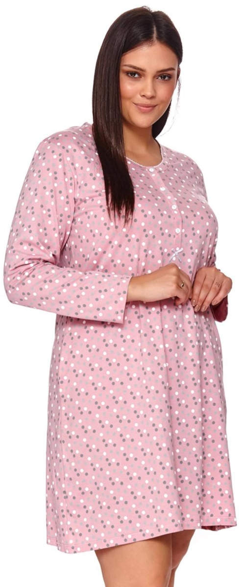 Růžová bavlněná noční košile s drobnými bílými a šedými puntíky