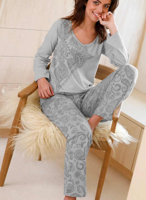 Dámské šedé bavlněné dlouhé pyžamo s potiskem
