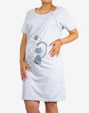 Šedá bavlněná těhotenská noční košile s potiskem