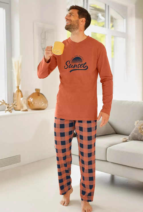 Kostkované pánské bavlněné pyžamo s dlouhými rukávy
