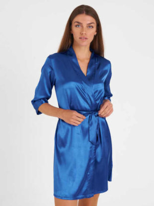 Dámský luxusní saténový župan v módní modré barvě